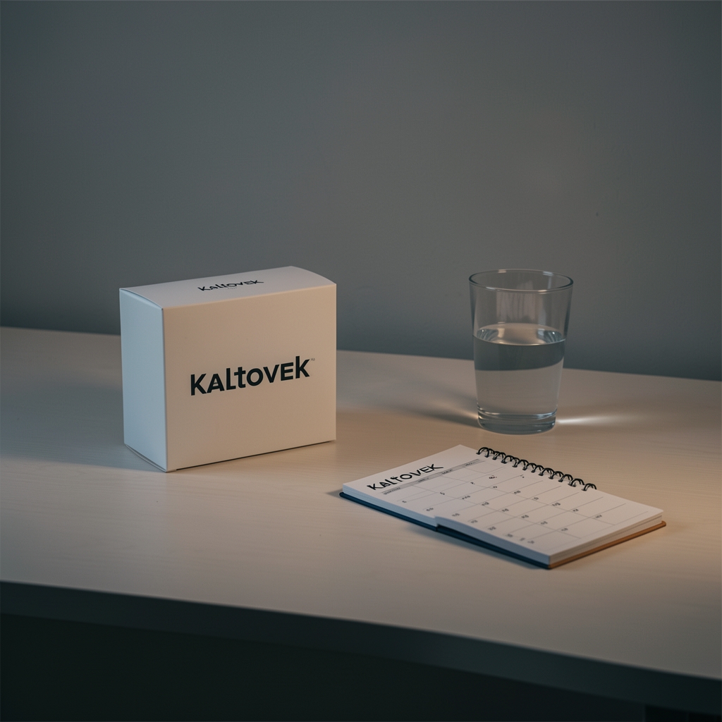 Minimalistički noćni sto sa kutijom Kaltovek proizvoda, čašom vode i malim planerom rutine
